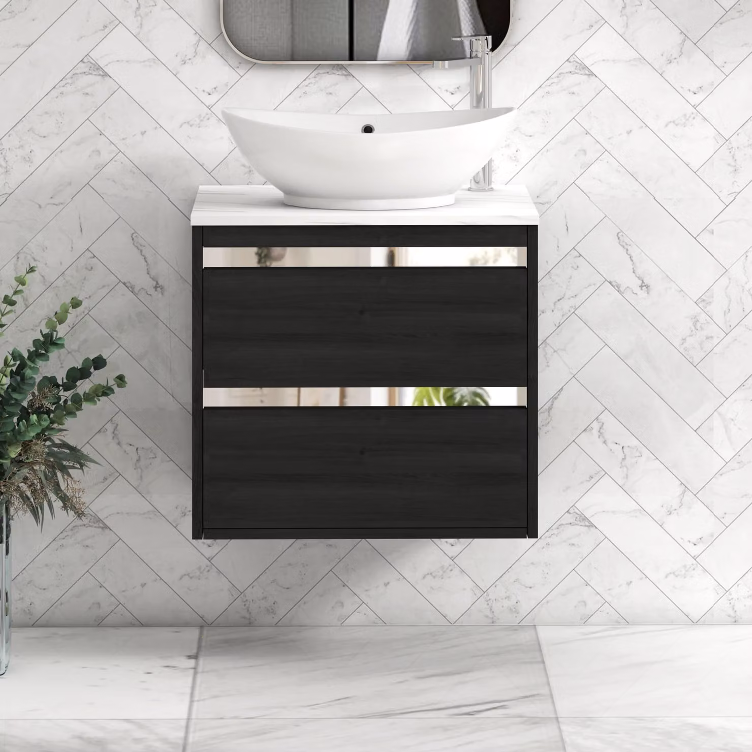 Orion 800mm Hale Wall Hung Vanity Unit by Royal Bathrooms in Black with Carrara White Countertop, Amaze Basin and Chrome Accent Trim
