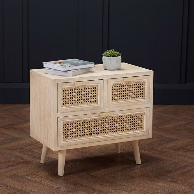 netfurniture Jullian 3 Drawer Cabinet in Brown and Beige with Rattan Details, W/D/H: 54.5 x 33.0 x 60.0 cm