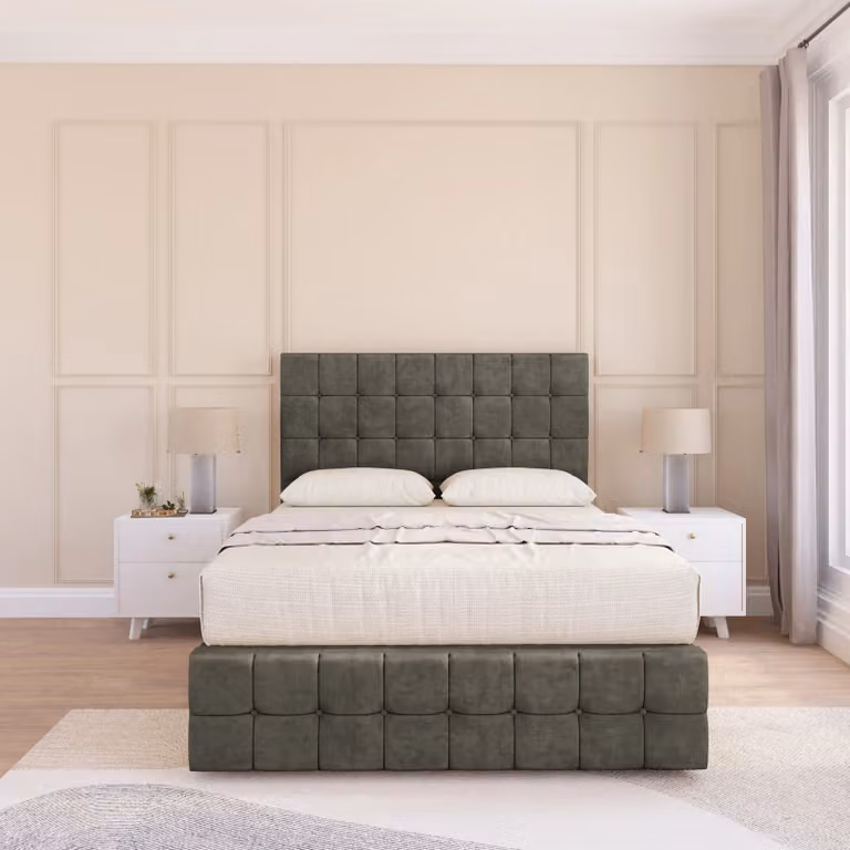 Sloomy Berlin Chesterfield Divan Bed Base in Light Grey Velvet, W/D/H: 90 x 200 cm