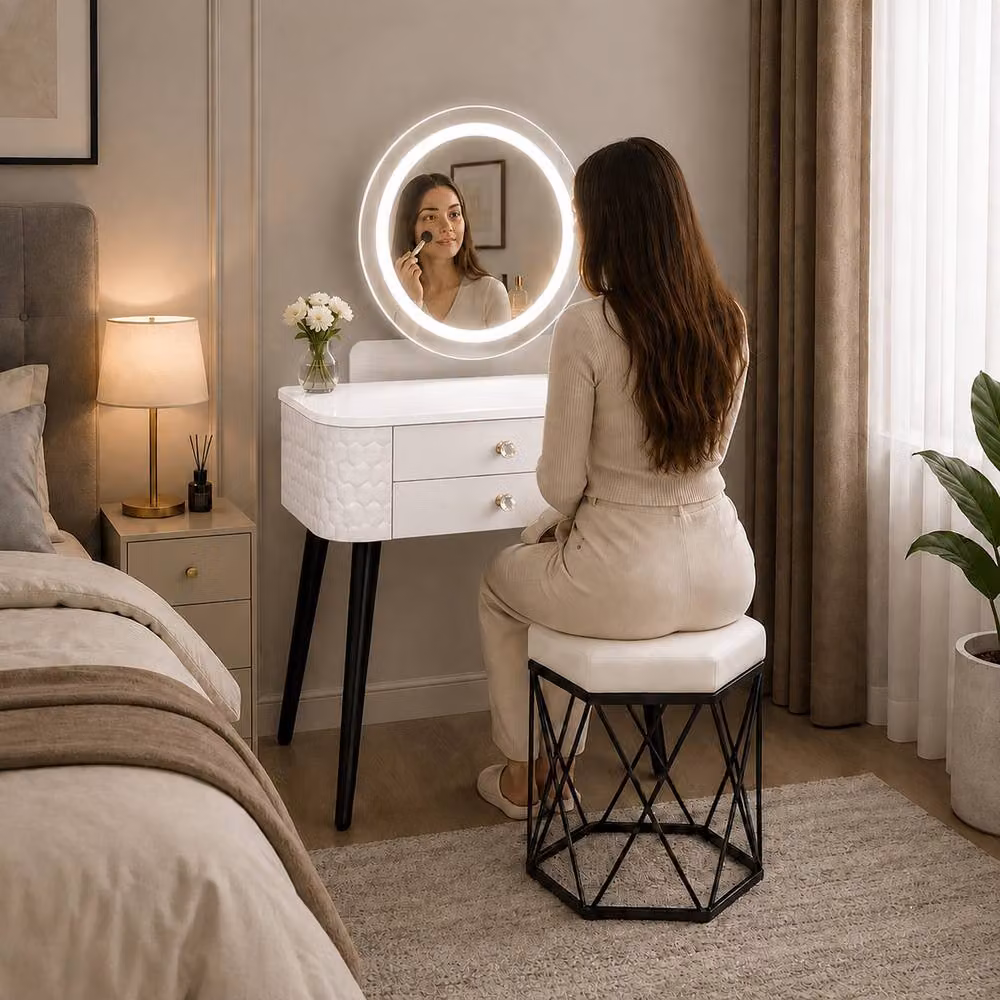MN Furniture Modern White Dressing Table with LED Mirror and Storage Drawer, W: 60 cm, D: 40 cm, H: 127 cm – 4