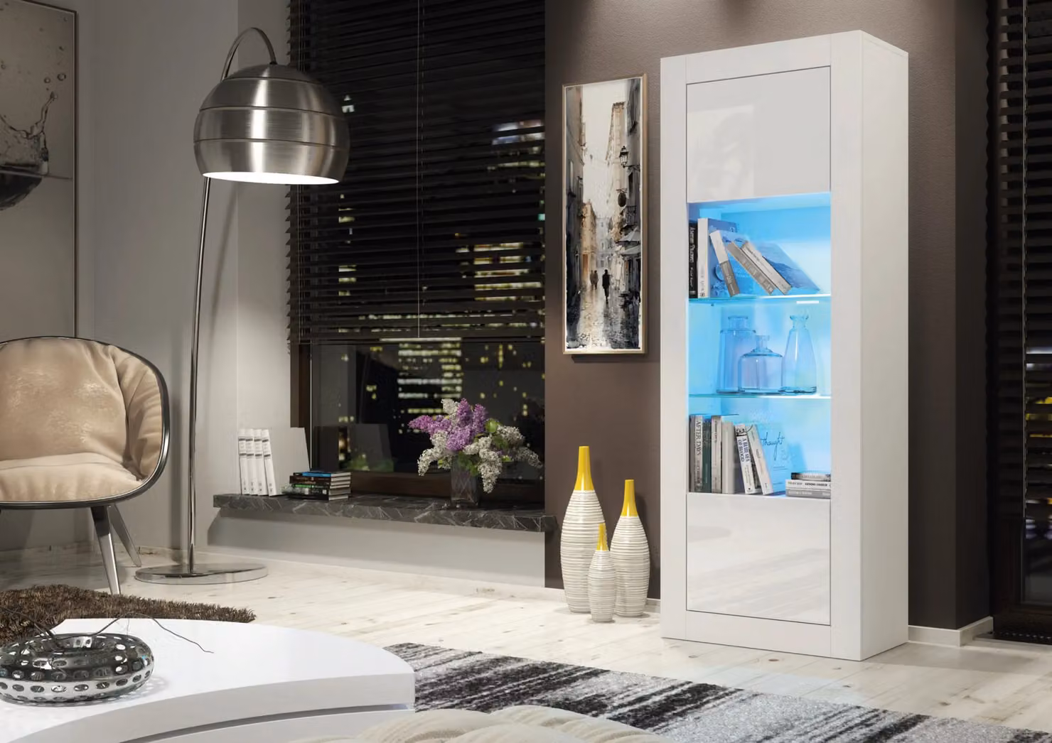 Mex Furniture LTD Modern White Glossy Display Cabinet with LED Lighting and Glass Doors, H 170 x W 63 x D 35 cm – 3