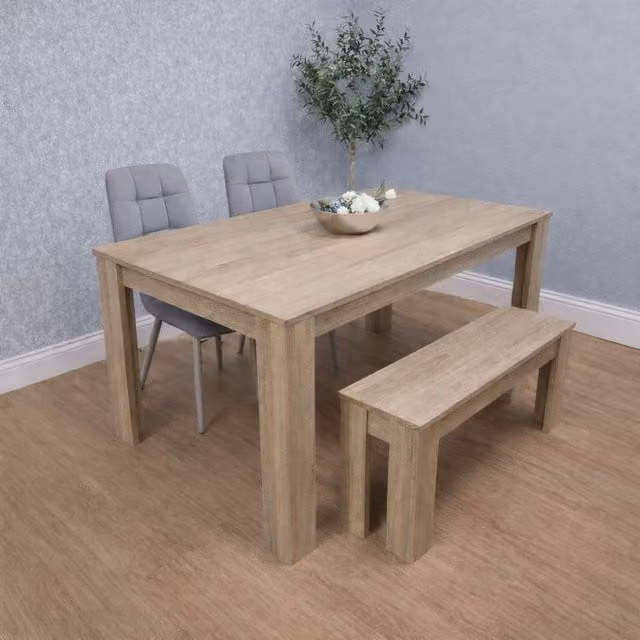 KOSY KOALA Oak Effect Dining Table Set with 2 Grey Velvet Chairs and 1 Bench in Beige – 1
