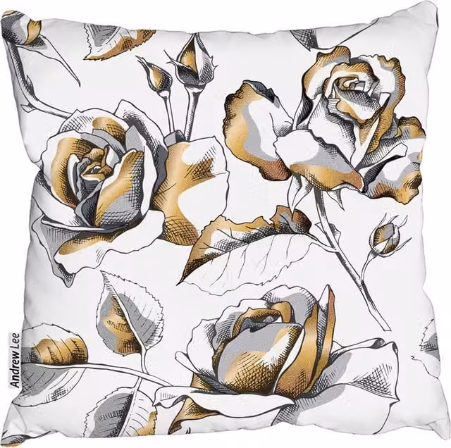 Andrew Lee Golden Roses Square Floral Cushion in Yellow, Gold and White, W/D/H: 60 x 60 x 1 cm