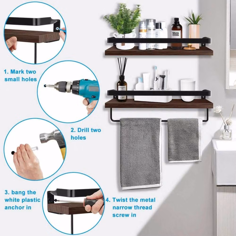 KORVIXA Set of 2 Industrial Brown Wood Wall Mounted Floating Shelves – 5
