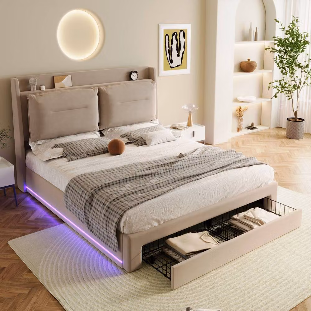Rolipo Beige Velvet Upholstered Double Bed with Hydraulic Storage and LED Under-Bed Lighting W/D/H: 135 x 190 cm – 2