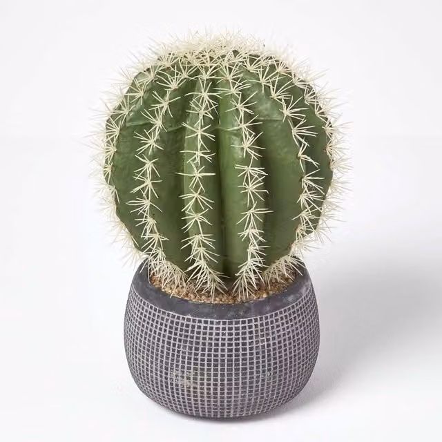Homescapes Golden Barrel Artificial Succulent Cactus in a Grey Textured Stone Pot, Green and White