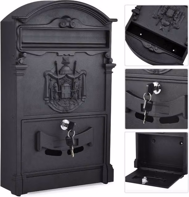 FORGEVIO Retro Outdoor Lockable Secure Mail Letter Post Box, Black, W/D/H: 50 x 42 x 50 cm