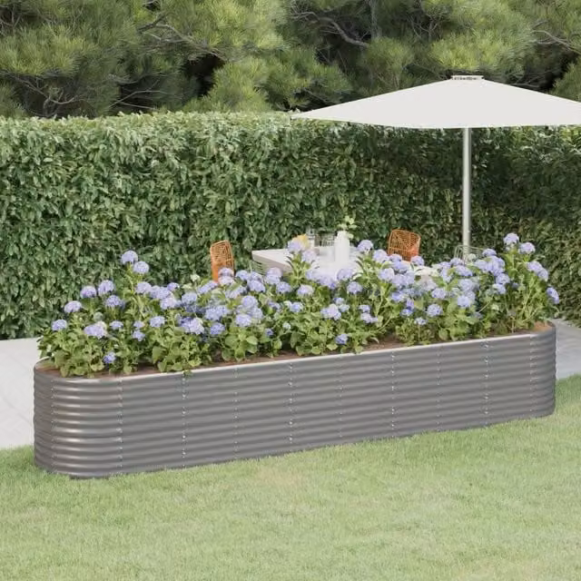 Berkfield Home Garden Grey Powder-coated Steel Raised Bed W/D/H: 368 x 80 x 68 cm