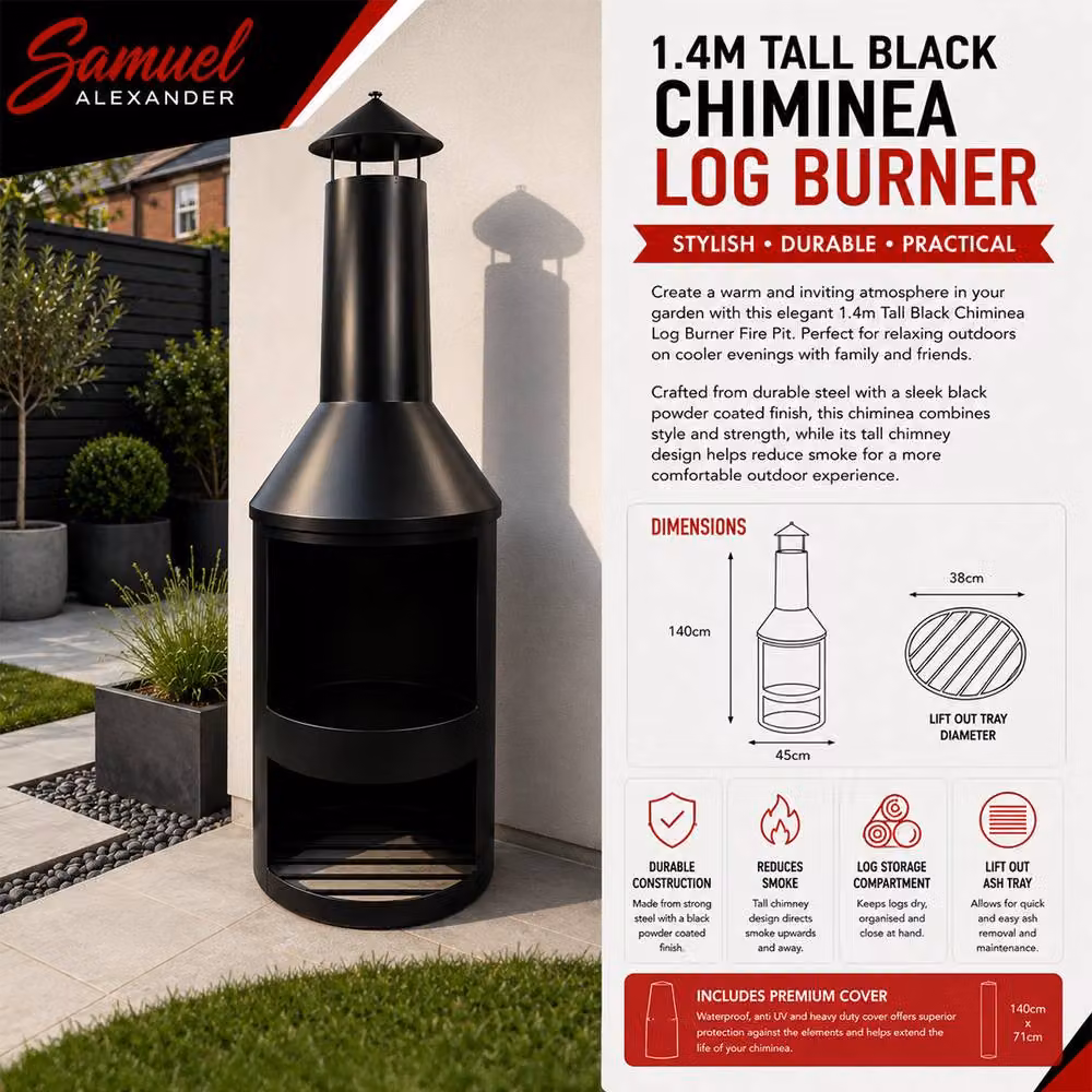 Samuel Alexander Black Steel Outdoor Garden Chiminea Log Burner Fire Pit with Log Store and Cover, Height: 140 cm – 5