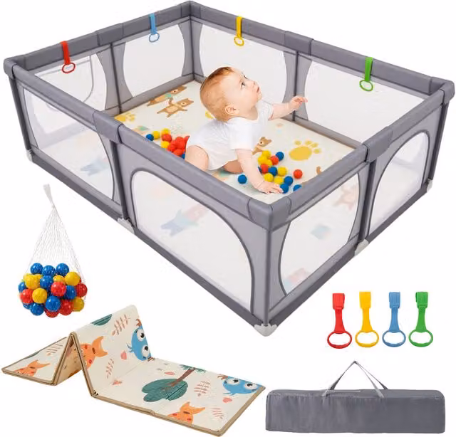 COSTWAY Extra Large Baby Playpen in Light Grey