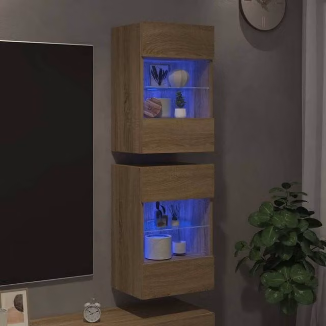 Berkfield Home Set of 2 Sonoma Oak TV Wall Cabinets with LED Lights in Light Tan, W: 40 cm, D: 30 cm, H: 60.5 cm – 1