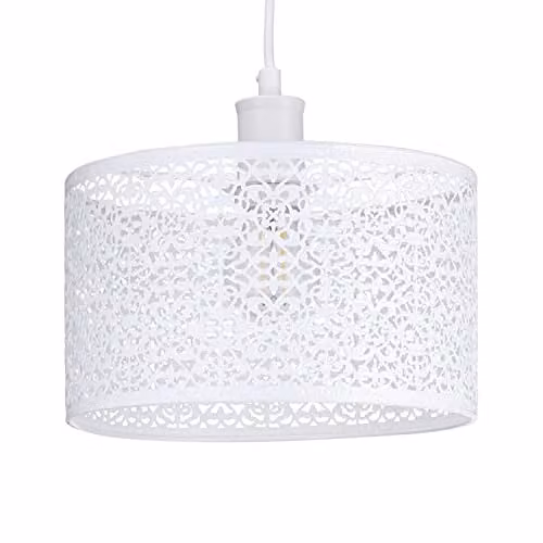 Happy Homewares Ornate Moroccan Style White Gloss Metal Circular Pendant Lamp Shade W: 25 cm, H: 15 cm