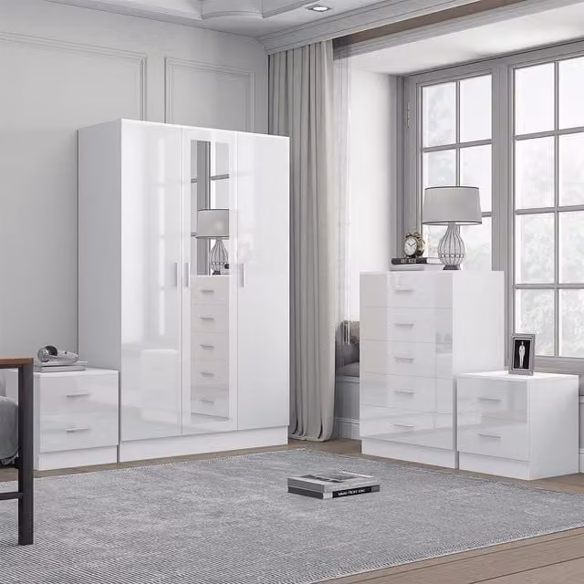 REFLECT Bedroom Furniture Bundle including 3-Door Mirror Wardrobe, Chest of Drawers and 2 Bedside Tables in White Gloss and Matt White