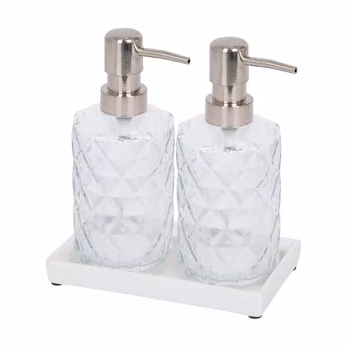 Harbour Housewares 2 Piece Prism Glass Soap Dispenser Set with Ceramic Tray, 330ml, Transparent – 1