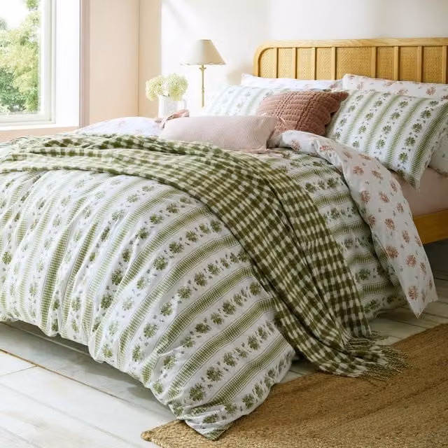 Laura Ashley Pensham Striped Cotton Duvet Cover Bedding Set in Sage and Pink