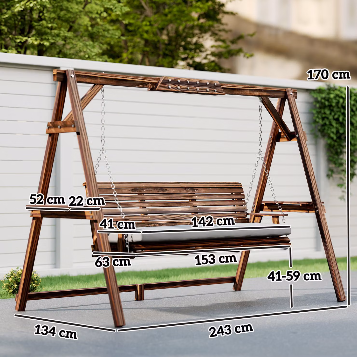 Outsunny 3 Seater Wooden Garden Swing Seat with Cushions and Side Trays, Carbonised Brown – 3