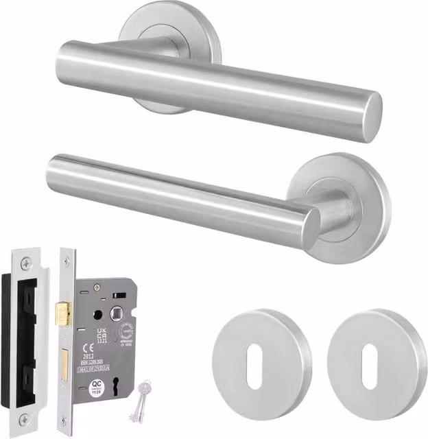 AFIT Silver Satin T-Bar Lever on Rose Door Handles and Key Lock Kit, Stainless Steel, W/D/H: 150 x 150 x 7 mm