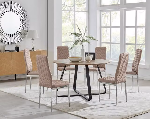 FurnitureboxUK Santorini Round Brown Wood Effect Dining Table and 6 Milan Beige Faux Leather Chairs with Chrome Legs, W/D/H: 120 x 120 x 75 cm – 1