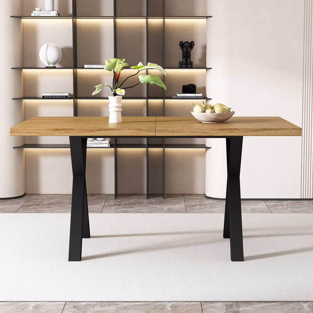 Merax Oak and Black Rectangular Dining Table with X-Frame Legs, W: 140 cm, D: 80 cm – 3