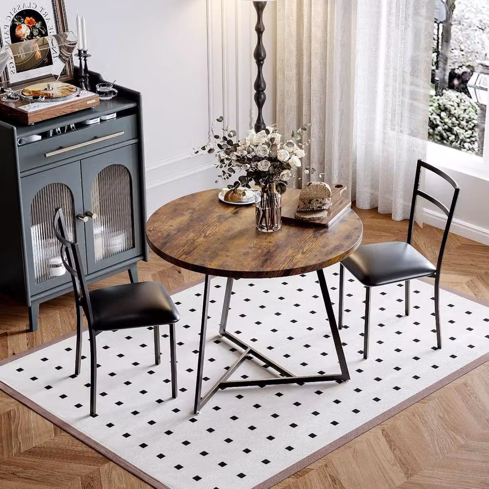 London Boutique 3-Piece Round Dining Table and 2 Upholstered Chairs Set in Brown – 3