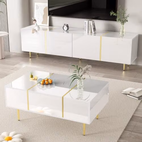 Aosom UK Modern High-Gloss TV Cabinet with Gold Accents and Soft-Close Doors, White, W: 170 cm, D: 35 cm, H: 46 cm – 1