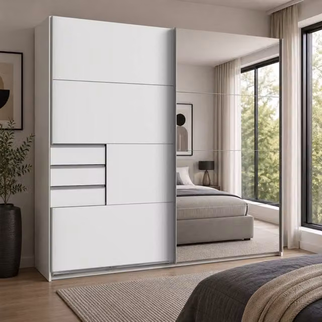 Saigon 225cm White Mirrored Sliding Wardrobe with Internal Shelves and Hanging Rod