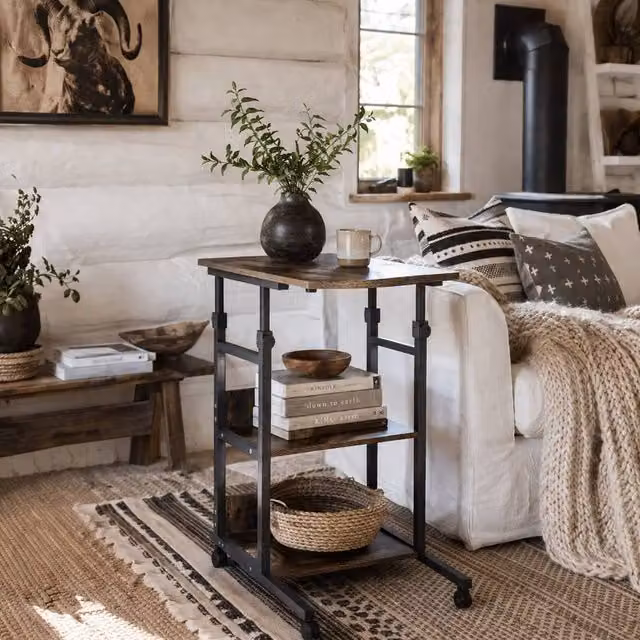 Wyld Haus Comiro C-Shaped 3-Tier Rolling Side Table with Adjustable Height and Castors in Brown