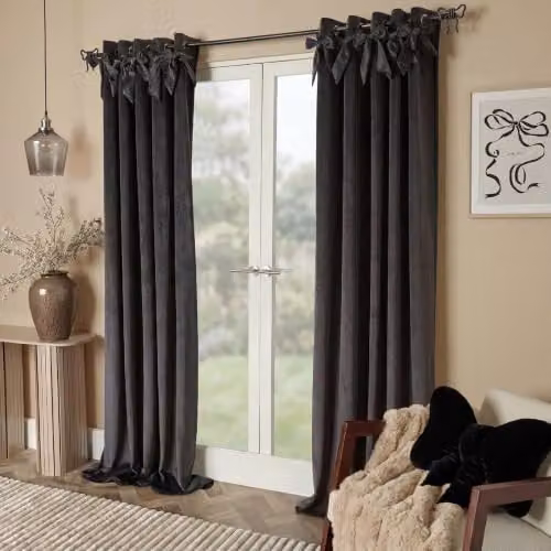 OHS Grey Velvet Eyelet Curtains, Pair of Modern Opaque Fabric Panels – 1