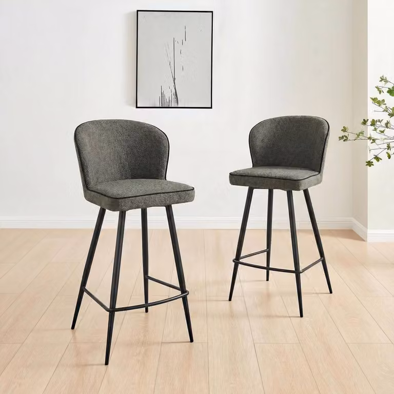 FurnitureboxUK Set of 2 Catriona Grey Fabric and Black Synthetic Leather Bar Chairs with Metal Legs