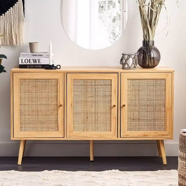Wyld and Coco 3-Door Rattan Front Sideboard in Brown, W/D/H: 120 x 40 x 71 cm