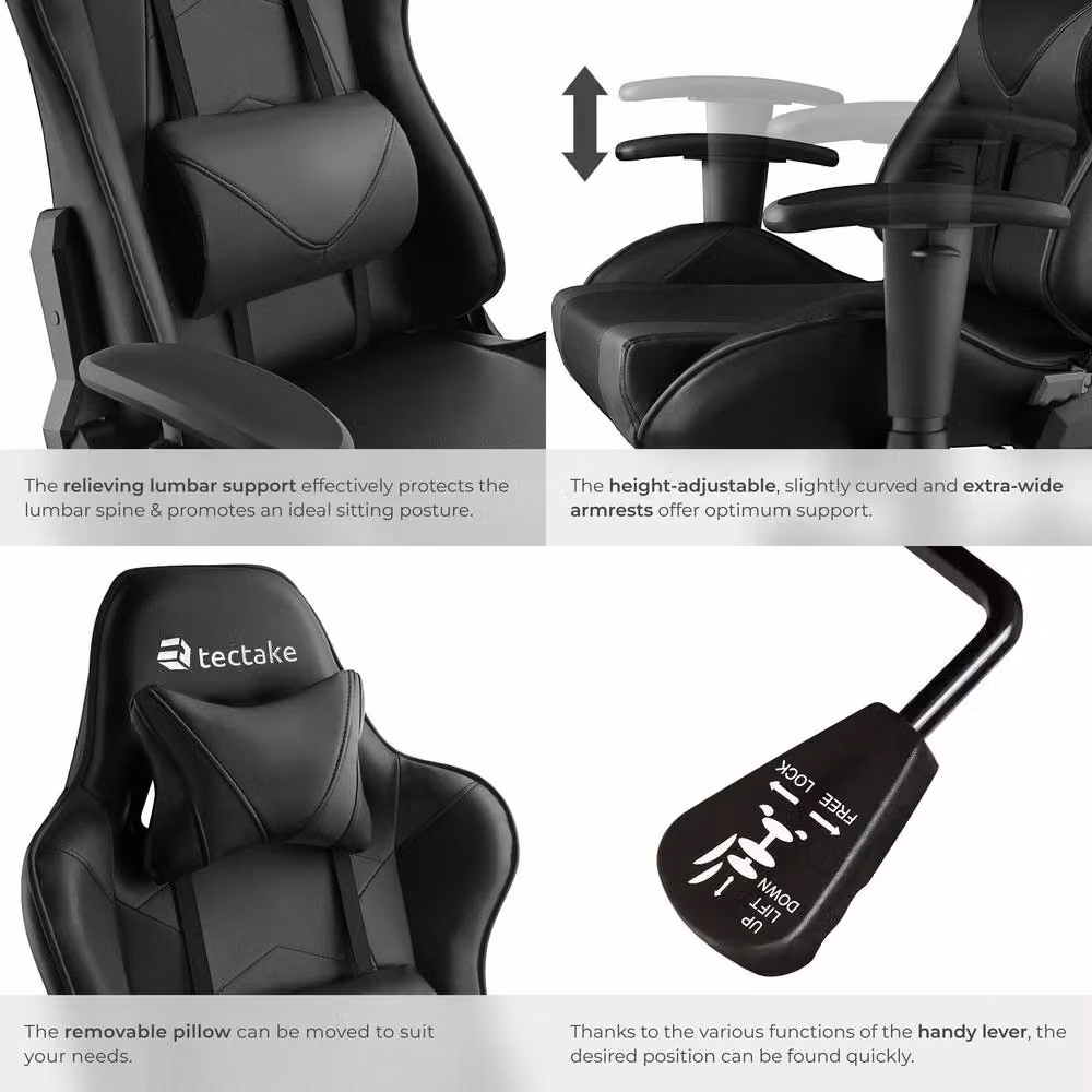 tectake Stealth Gaming Chair in Black with Synthetic Leather and Headrest – 5