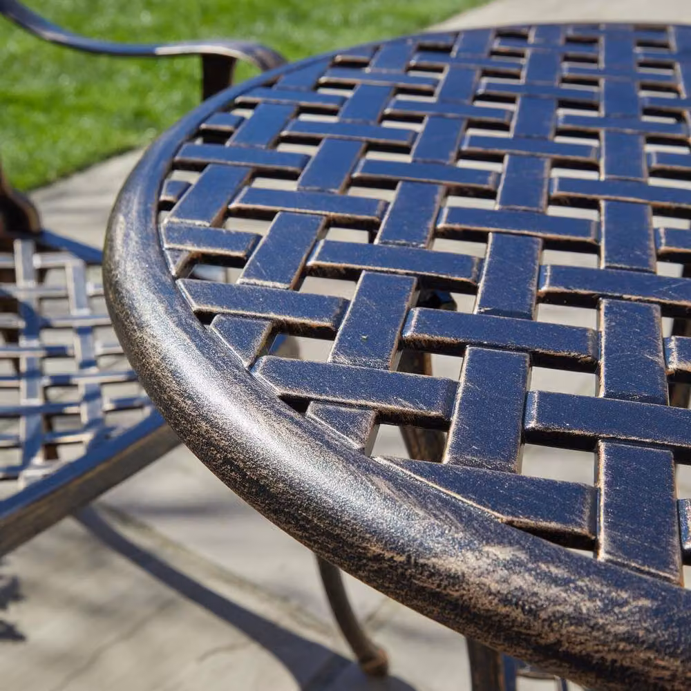 Home Source Brown Bistro Set with Lattice Table and 2 Chairs, Aluminium Metal Garden Furniture – 5