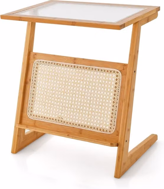 COSTWAY Brown Bamboo and Glass Boho Side Table with X-Frame Design