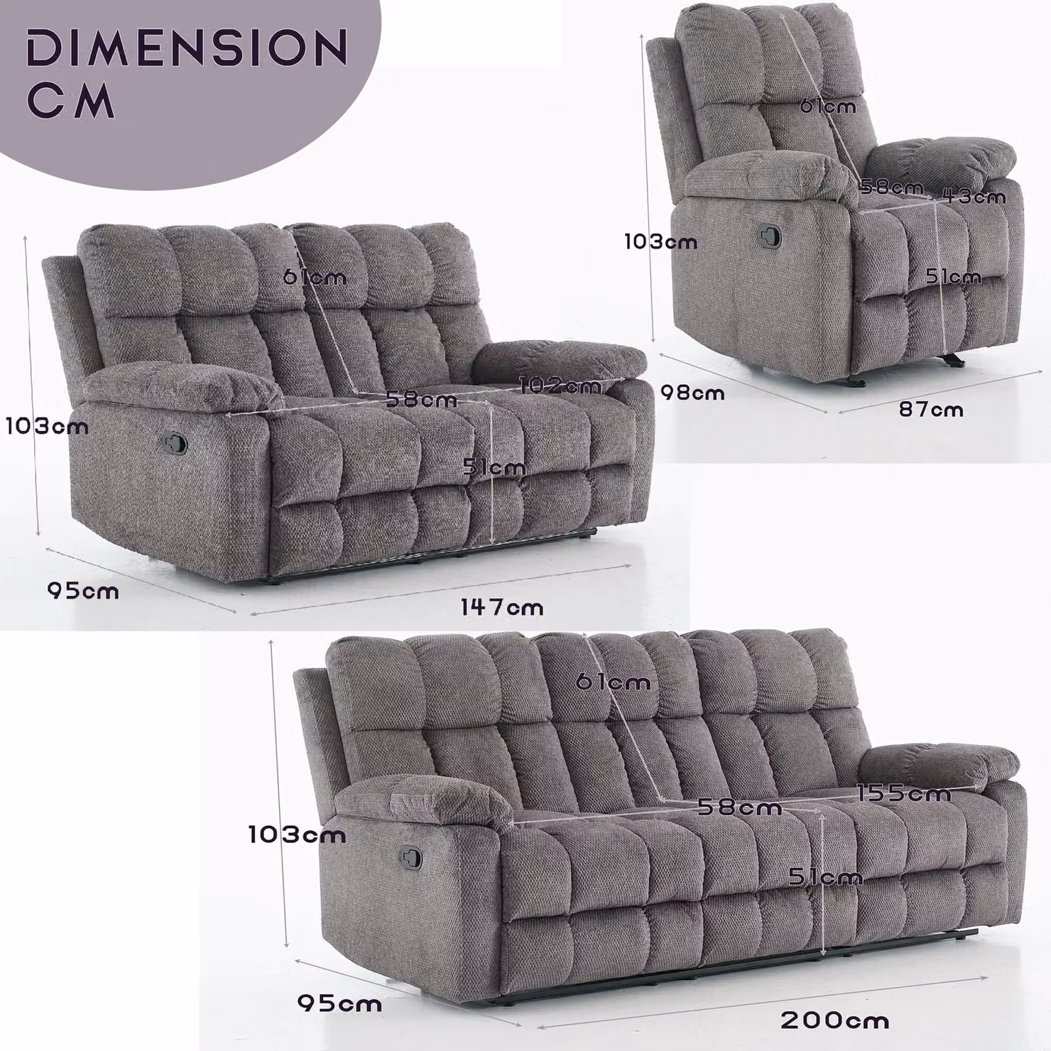 FURNITURE ONE Modern Manual Recliner Sofa Set in Grey Fabric Upholstery, including 1+2+3 Seater Suite with Scatter Cushions – 2