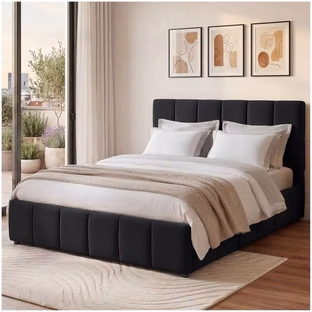 tectake Shirley Upholstered Super King Bed with Slatted Frame and Lift Up Base in Black