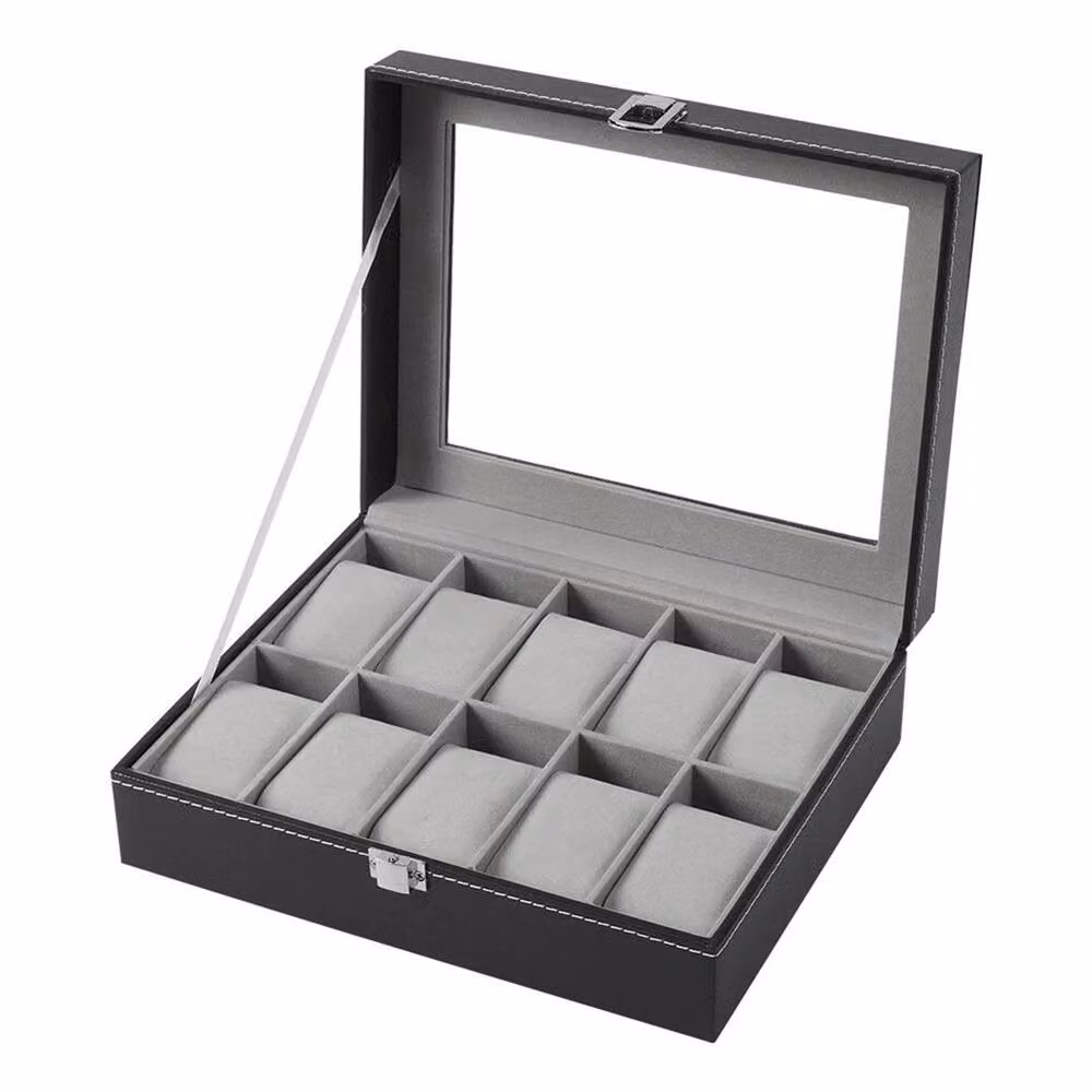 KORVIXA Lockable 10-Grid Watch Display Case in Black Faux Leather with Glass Lid – 3