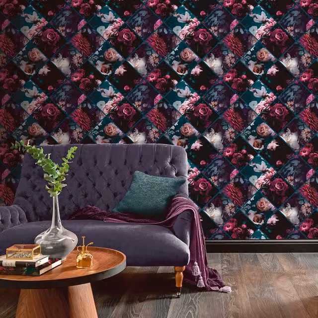 Arthouse Floral Collage Botanical Vintage Matt Wallpaper in Multicolour Purple and Petrol