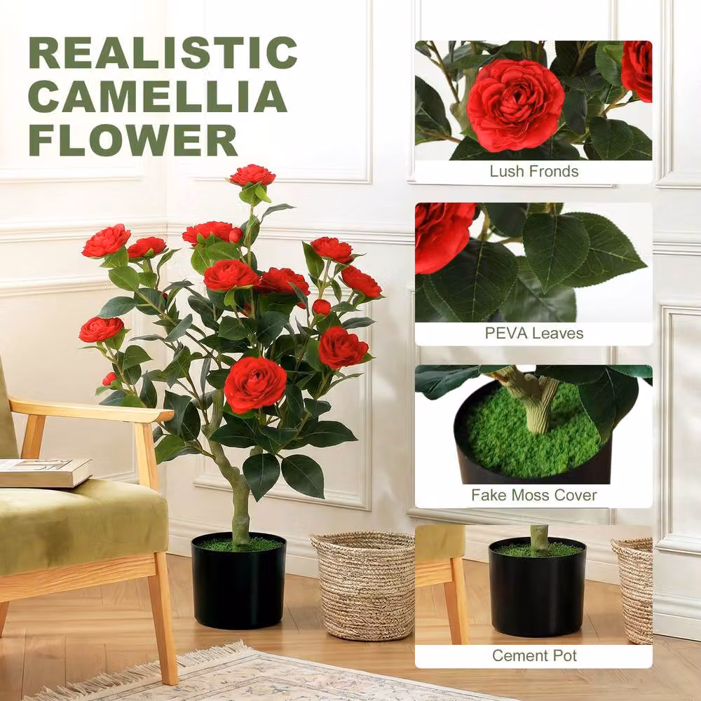 HOMCOM Red Artificial Camellia Flower Plant with 116 Leaves, Height: 65 cm – 3