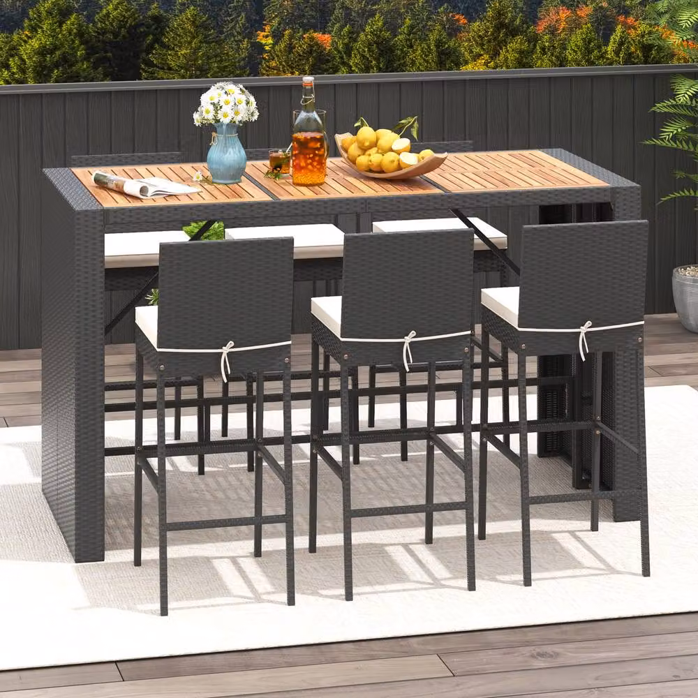 Costway 7 Piece Black Rattan Patio Bar Set with 6 Wicker Bar Height Chairs and Acacia Wood Details – 6