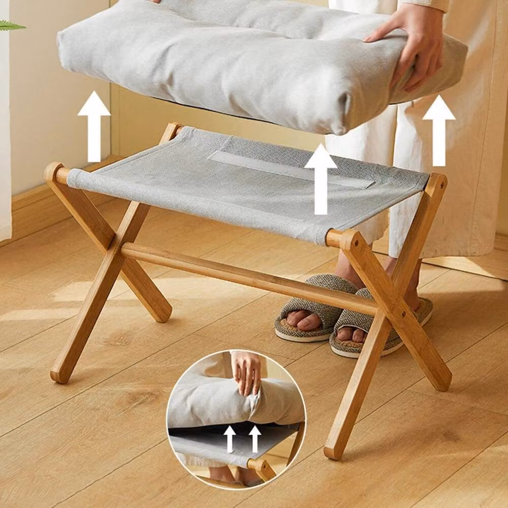 KORVIXA Grey Bamboo Foldable Foot Stool Ottoman with Fabric Pad – 3