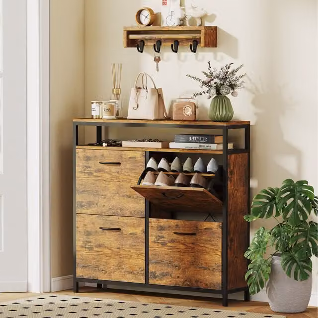 HOMCOM Industrial Narrow Shoe Cabinet with 4 Tilting Compartments in Brown and Black