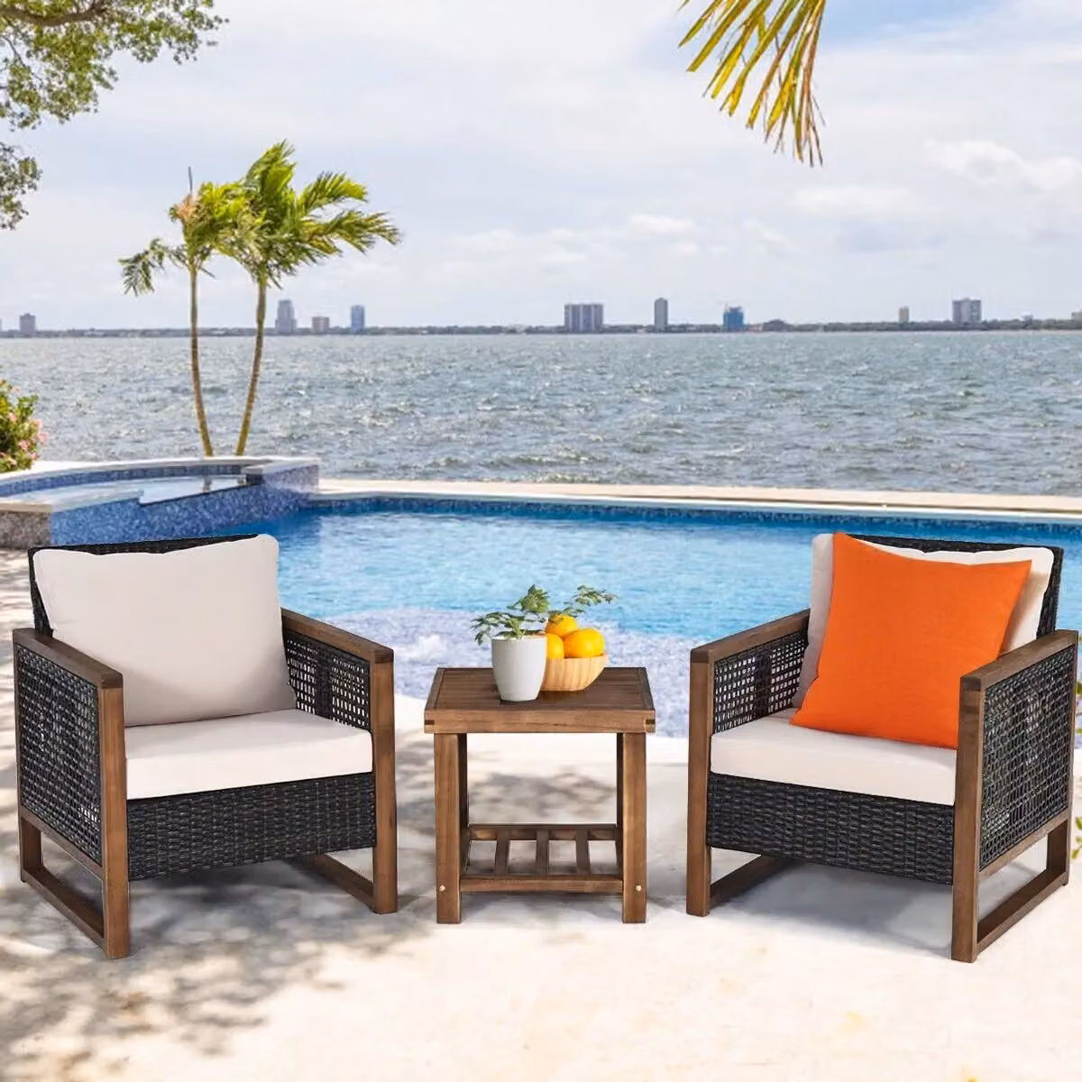 Costway 3-Piece Outdoor Patio Furniture Set with Acacia Wood Coffee Table and Brown Polyrattan Lounge Armchairs with Upholstered Cushions – 4