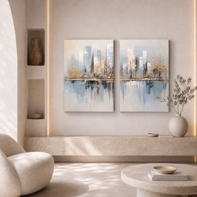 Mafett Abstract Blue Gold and Grey Cityscape Diptych Canvas Wall Art, W60.96 cm x H81.28 cm