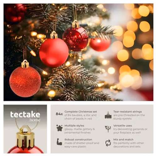 tectake 86-Pack Christmas Baubles Set with Star and String of Beads in Red and Gold – 2