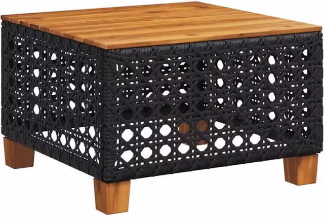 Berkfield Home Black Poly Rattan and Acacia Wood Garden Table W/D/H: 55 x 55 x 36 cm