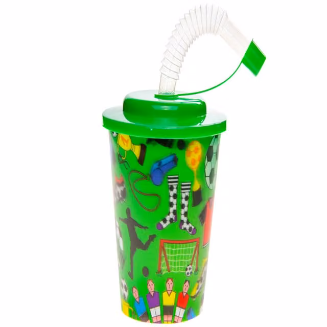 LG-Imports Pack of 12 Football Theme 3D Leakproof Cups with Silicone Straw and Lid, White and Multicolour, 250 ml