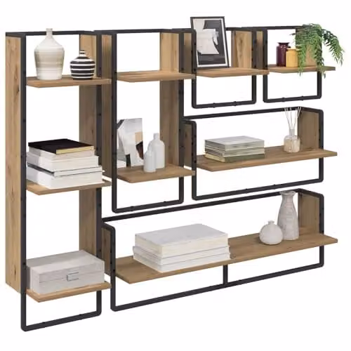 vidaXL Set of 6 Wall-Mounted Modern Shelves in Artisan Oak, W/D/H: 100 x 25 x 30 cm – 1