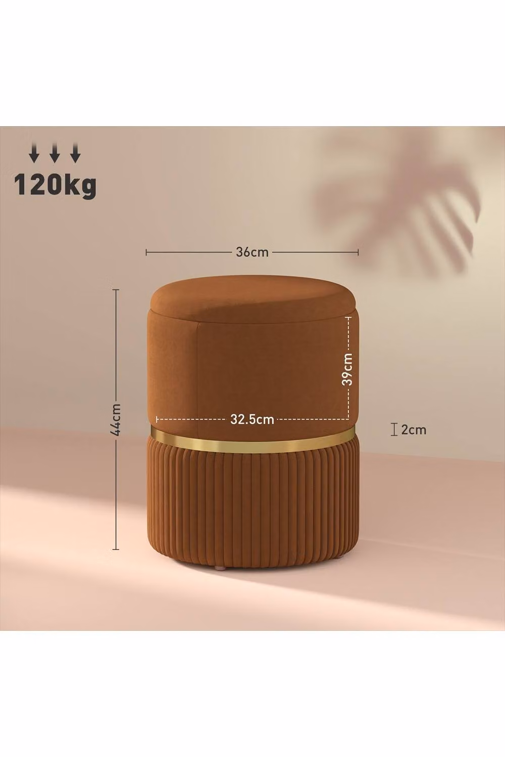 ERGOVEXA Velvet Cylindrical Storage Ottoman, Brown, H: 44 cm, W: 36 cm, D: 44 cm – 2
