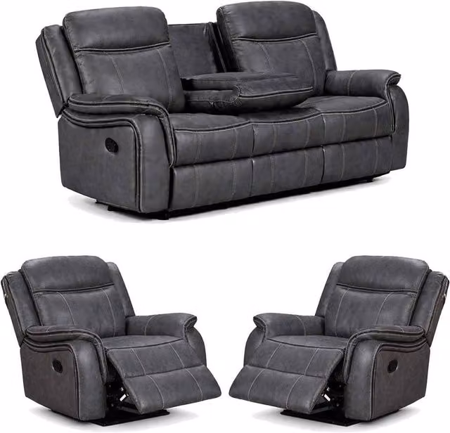 Furnishings For Less UK Tara 3 Piece Reclining Sofa Suite in Grey Fabric and Leather Look, including 3 Seater Sofa and 2 Armchairs