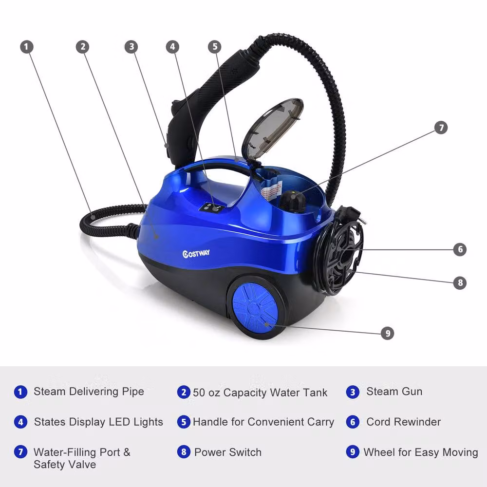 Costway 2000W Portable Handheld Steam Cleaner in Blue with 1.5L Tank and 20 Accessories – 10